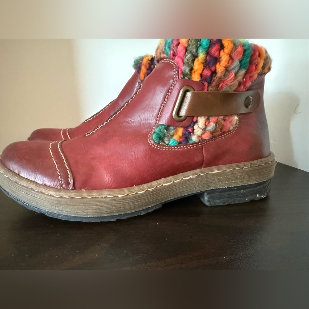 Rieker Red Ankle Boots with Colorful Knit Trim womens size 38 - Picture 2 of 7